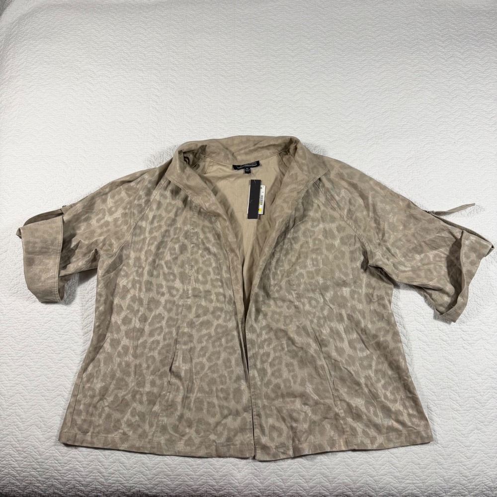 Linear Leopard‎ Print Open Front Jacket Womens 3X Tan Linen Blend Shimmer NWT